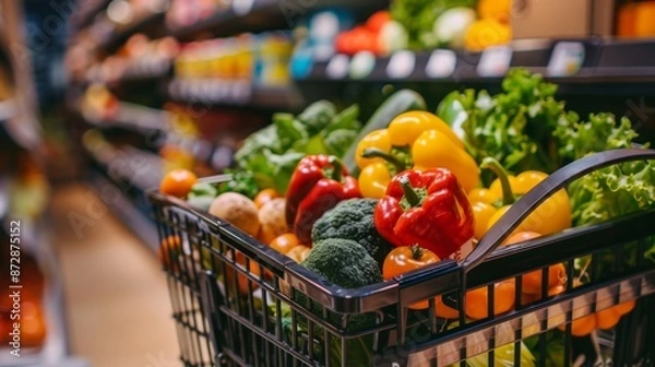 Fototapeta A shopping cart filled with a variety of fresh vegetables in a brightly lit supermarket aisle