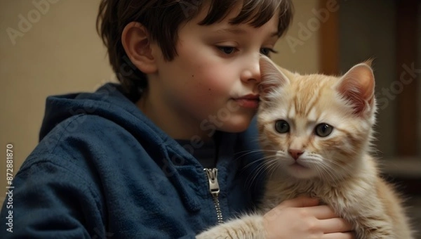 Fototapeta About the bond between a lonely child and a rescued kitten ai_generated