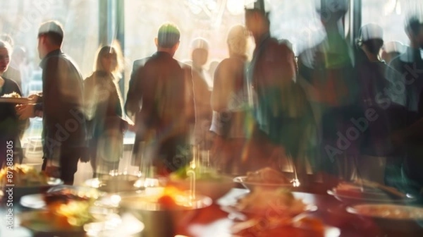 Fototapeta Abstract blurred people socializing during buffet lunch break at business meeting or conference, corporate networking event with diverse attendees mingling, engaging conversations, and professional at