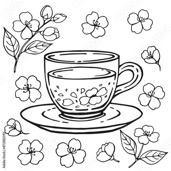 Fototapeta Set with glass cup tea, jasmine. Hand drawn vector illustration in outline style.