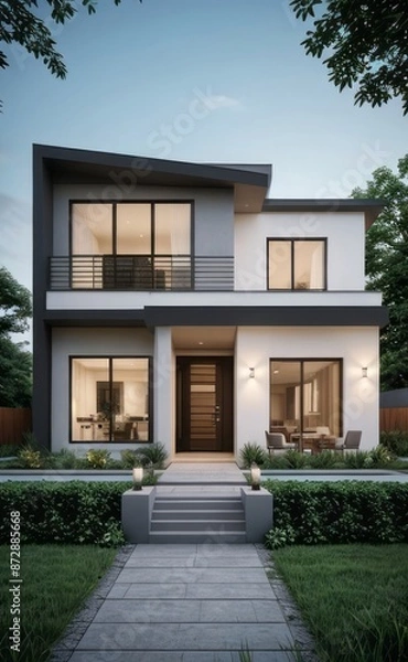 Fototapeta A Contemporary Dwelling with Stylish Architecture, Beautiful Exterior Design, and a Serene Garden Setting. Perfect Family Home in a Residential Neighborhood, Featuring Thoughtful Construction