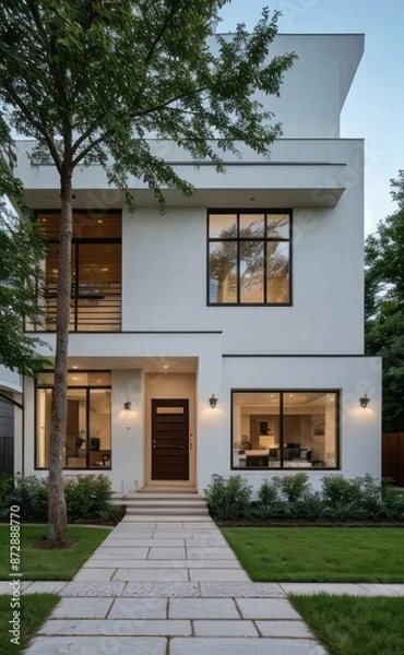 Fototapeta A Contemporary Dwelling with Stylish Architecture, Beautiful Exterior Design, and a Serene Garden Setting. Perfect Family Home in a Residential Neighborhood, Featuring Thoughtful Construction