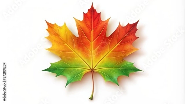 Fototapeta Vibrant isolated maple leaf with gradient colors of red, yellow, and green on a clean white background in vector style.