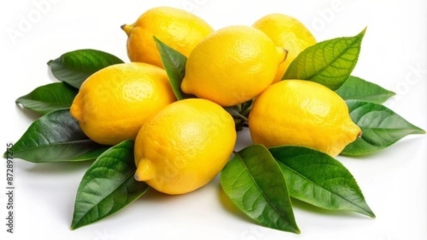 Fototapeta Vibrant yellow lemons with lush green leaves sit isolated on a pristine white background, bursting with freshness and citrusy appeal.