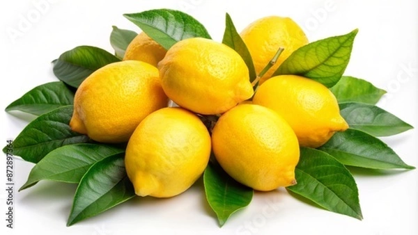 Fototapeta Vibrant yellow lemons with lush green leaves sit elegantly isolated against a pristine white background, exuding freshness and vitality.
