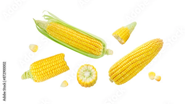 Obraz Flying fresh corn with broken isolated on white background , clipping path.