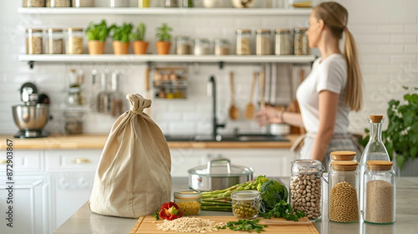 Fototapeta Eco-Friendly Kitchen with Fresh Herbs and Organic Ingredients