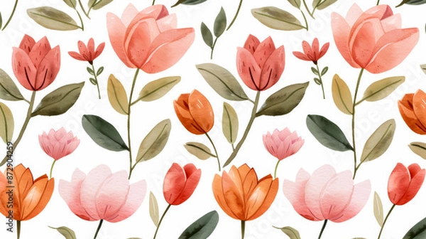 Fototapeta Watercolor illustration of a minimalist Scandinavian lotus flower pattern in tender peach hues on white ink watercolour 