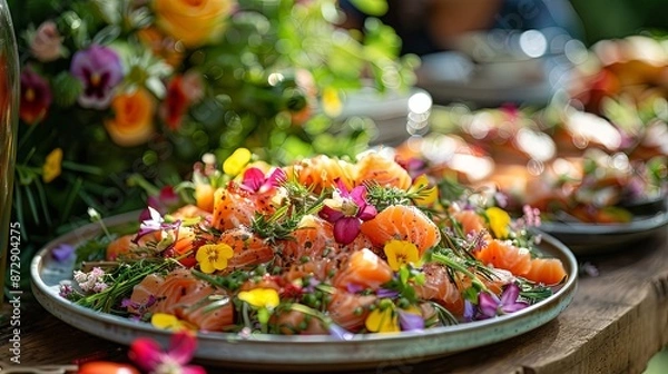 Fototapeta An enticing addition to the classic midsummer solstice spread is the Scandinavian salmon salad adorning the outdoor buffet table alongside a vibrant bouquet of summer flowers