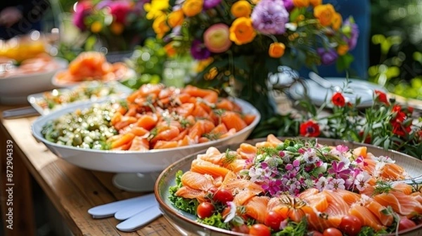 Fototapeta An enticing addition to the classic midsummer solstice spread is the Scandinavian salmon salad adorning the outdoor buffet table alongside a vibrant bouquet of summer flowers