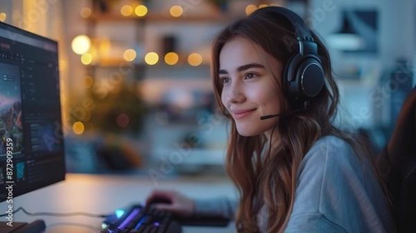 Obraz A happy girl is sitting at her desk, wearing headphones and playing computer games