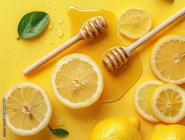 Fototapeta Fresh lemons and honey surrounded by green leaves