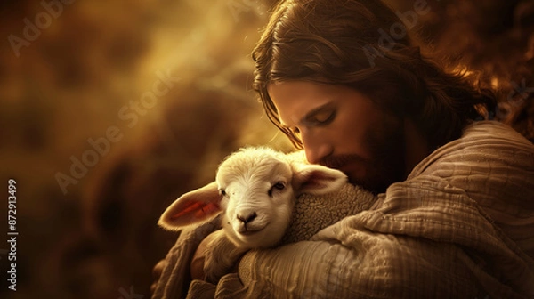 Fototapeta Heartwarming Image of Jesus Christ Holding a Little Lamb