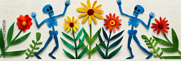 Obraz Watercolor illustration of skeletal figures with intricate costumes dancing among marigolds for Day of the Dead bright simple watercolour background banner 