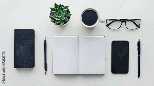 Fototapeta Minimalist Workspace with Coffee, Notebook, and Smartphone
