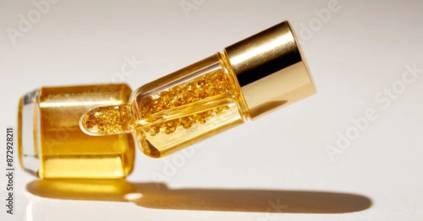 Fototapeta golden skincare serum DNA macro close up detail shiny, bright white background