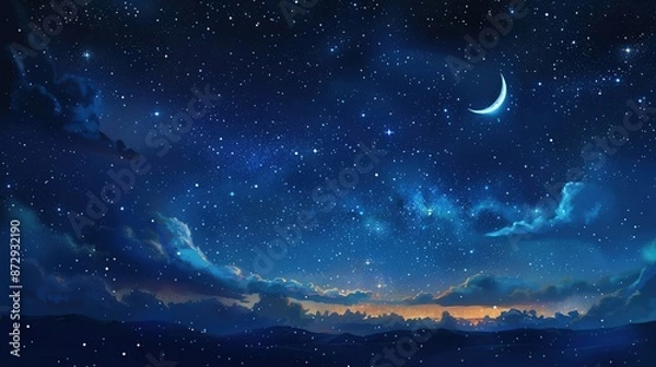Obraz A magical night sky with glowing stars and a crescent moon, ample copy space
