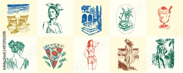 Obraz A minimalist collection of hand-drawn vector illustrations of food and beverage girls. Great for social media, posters, postcards, web design