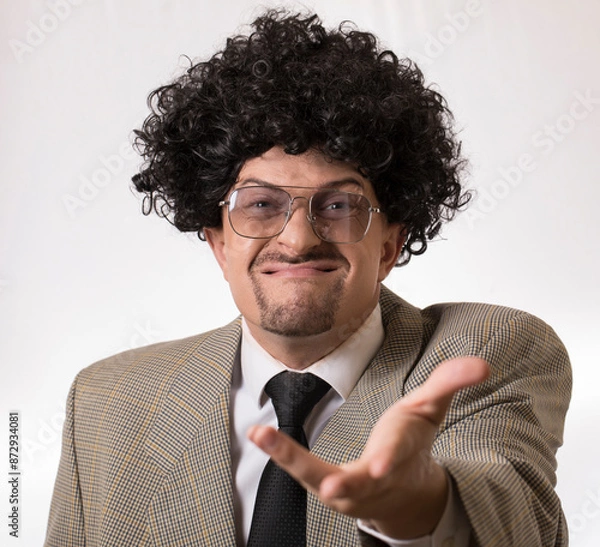 Obraz Male hand in a suit shows a palm up gesture 