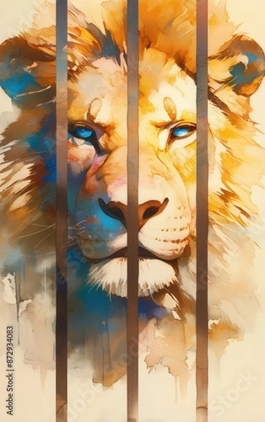 Fototapeta Lion behind a cage with watercolor effect close up, focus on, copy space striking watercolors, rich colors, Double exposure silhouette with confinement