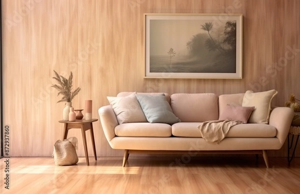 Fototapeta Minimalist Beige Living Room with Pink Accents