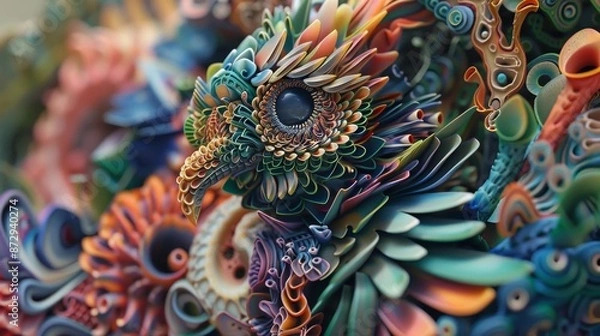 Fototapeta Stunning abstract paper art of a colorful and intricate bird with detailed feathers and vibrant hues.