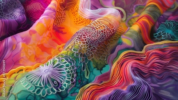 Obraz Vibrant, abstract, colorful textile design with intricate patterns in orange, purple, green, and pink hues, evoking a sense of creativity and art.