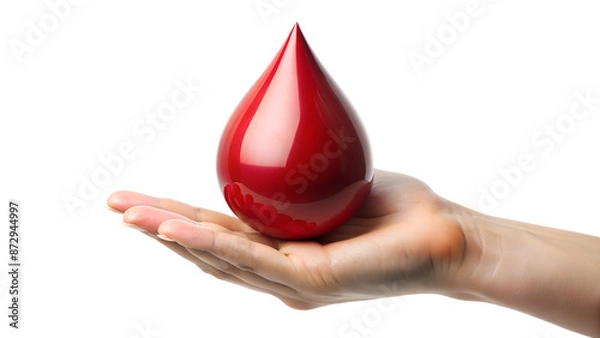 Obraz Hand holding a large drop 3D of blood isolated on a transparent background, blood donation concept, top view