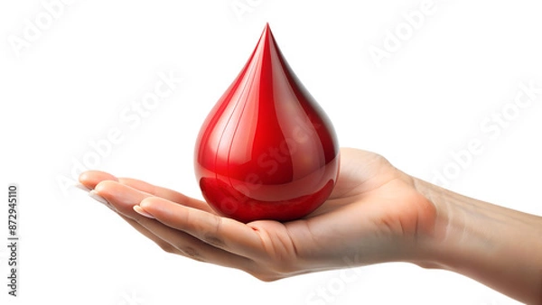 Obraz Hand holding a large drop 3D of blood isolated on a transparent background, blood donation concept, top view