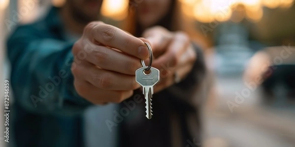 Fototapeta Close up of young couple hug at new home hold house keys moving in together, loving caring husband and wife apartment owners excited relocating to own dwelling, renting, relocation concept
