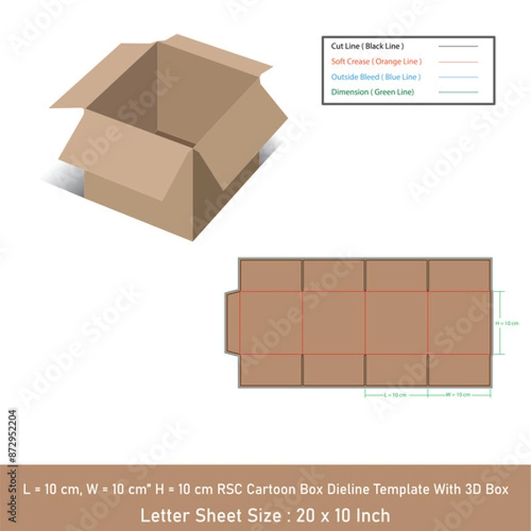 Fototapeta L = 10 cm, W = 10 cm” H = 10 cm RSC Cartoon Box Dieline Template With 3D Box