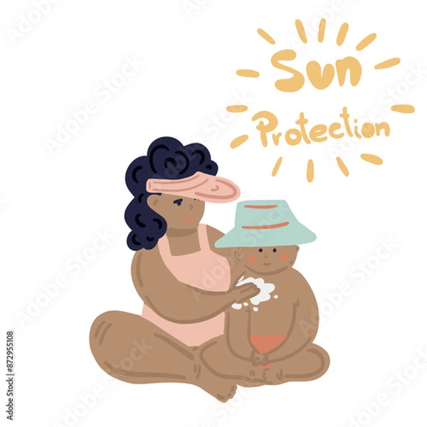 Obraz Mum with baby on beach flat design spf sun protection set