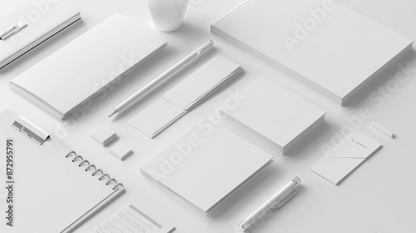 Fototapeta Corporate stationery set mockup on white textured paper background featuring business cards, letterheads, envelopes, and notepads with ample copy space for branding and design presentations