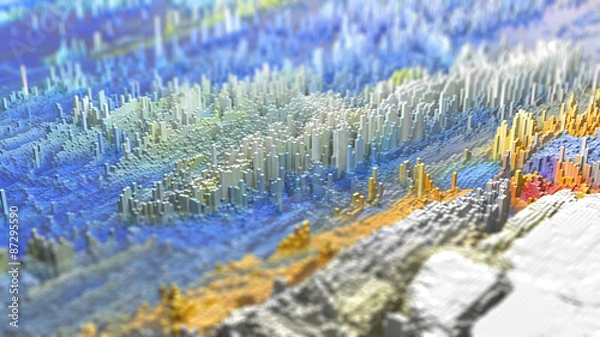 Fototapeta 3D render of an abstract Landscape made of tiny cubes