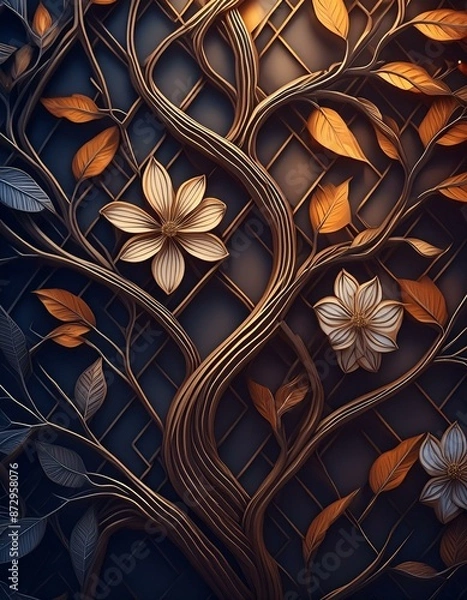 Fototapeta Background with delicate tree branches and flowers creating a geometric pattern