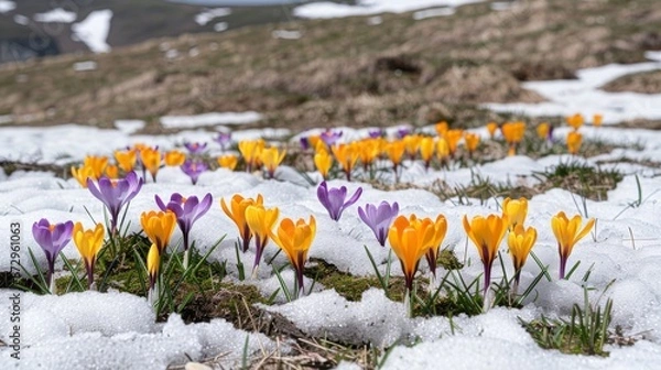 Fototapeta Snow melting to reveal blooming crocuses, spring species, seasonal transition