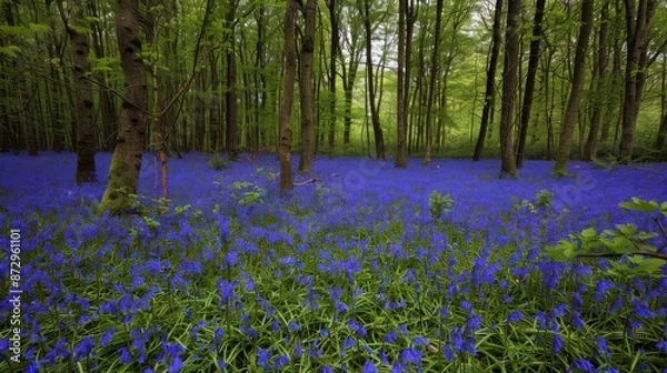 Fototapeta A carpet of bluebells under a forest canopy, spring landscape, peaceful