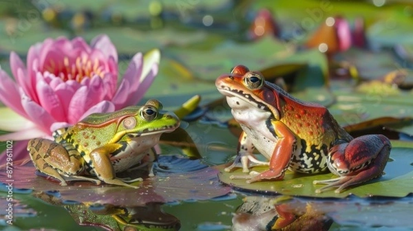 Fototapeta Frogs on lily pads in a blossoming pond, spring species, aquatic life