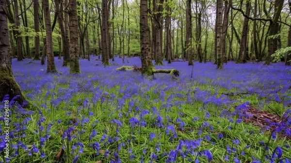 Fototapeta A carpet of bluebells under a forest canopy, spring landscape, peaceful