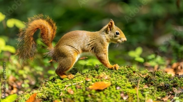 Fototapeta Squirrels foraging in a verdant park, spring species, lively scene