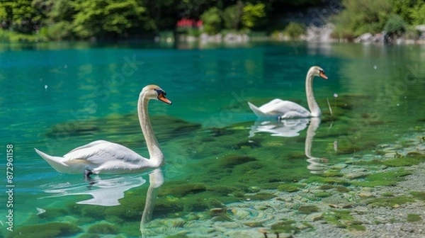 Fototapeta Swans gliding on a crystal-clear lake surrounded by spring flora, serene