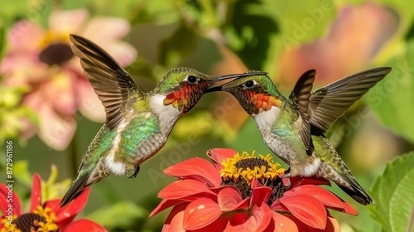 Fototapeta Hummingbirds sipping nectar from spring flowers, species interaction, vibrant