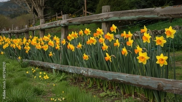Fototapeta Bright daffodils along a rustic wooden fence, spring species, charming