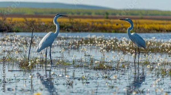 Fototapeta Herons standing in a flowering marshland, spring species, serene waters