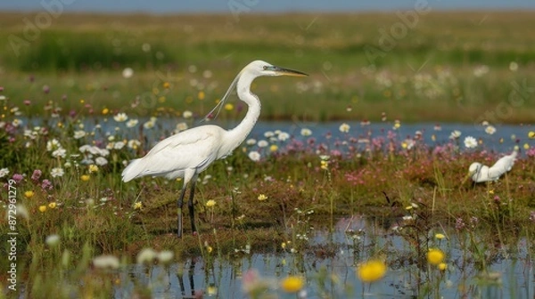 Fototapeta Herons standing in a flowering marshland, spring species, serene waters