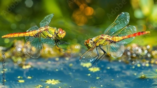 Fototapeta Dragonflies hovering over a spring-fed pond, species interaction, dynamic