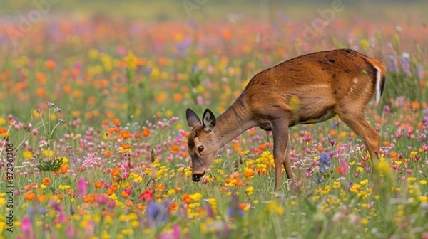 Fototapeta Wild deer grazing in a flower-filled meadow, spring species, serene
