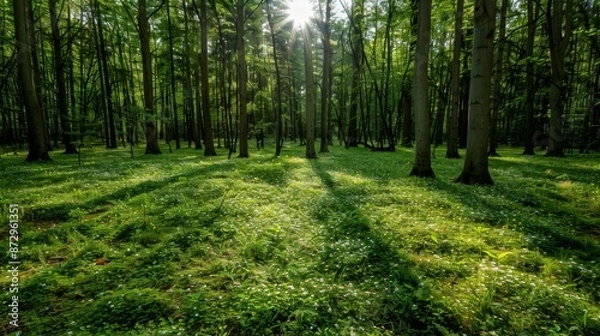 Fototapeta Sunlit forest clearing with blooming flowers, spring landscape, inviting