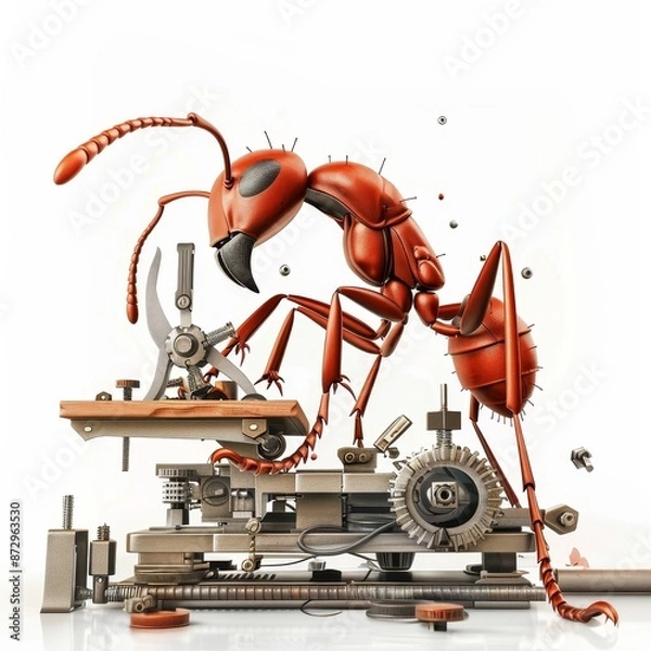 Fototapeta A red ant is working on a machine