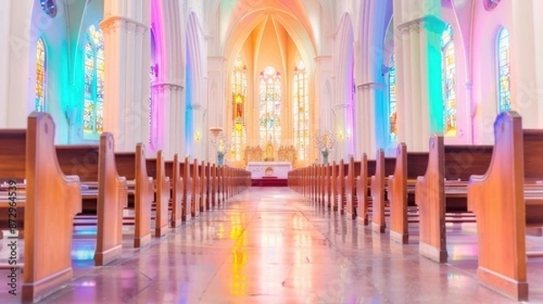 Fototapeta Interior of a church with colorful stained glass windows casting vibrant light, empty pews. Spiritual and serene atmosphere.